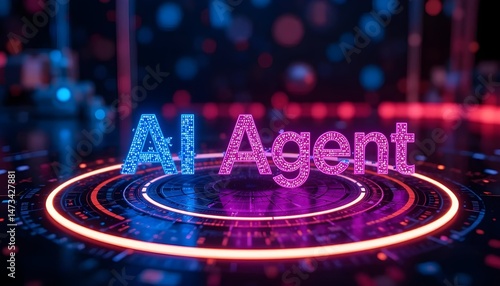 An AI agent hologram symbolizing agentic autonomy for collaboration Neon 'AI Agent' text in blue and pink on a glowing circular platform, symbolizing tech innovation, perfect for AI technology visuals