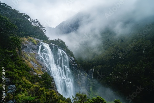 Majestic waterfall cascading down rocky cliffs in Tasmania's wilderness, High mountain waterfall in Tasmania Australia wilderness