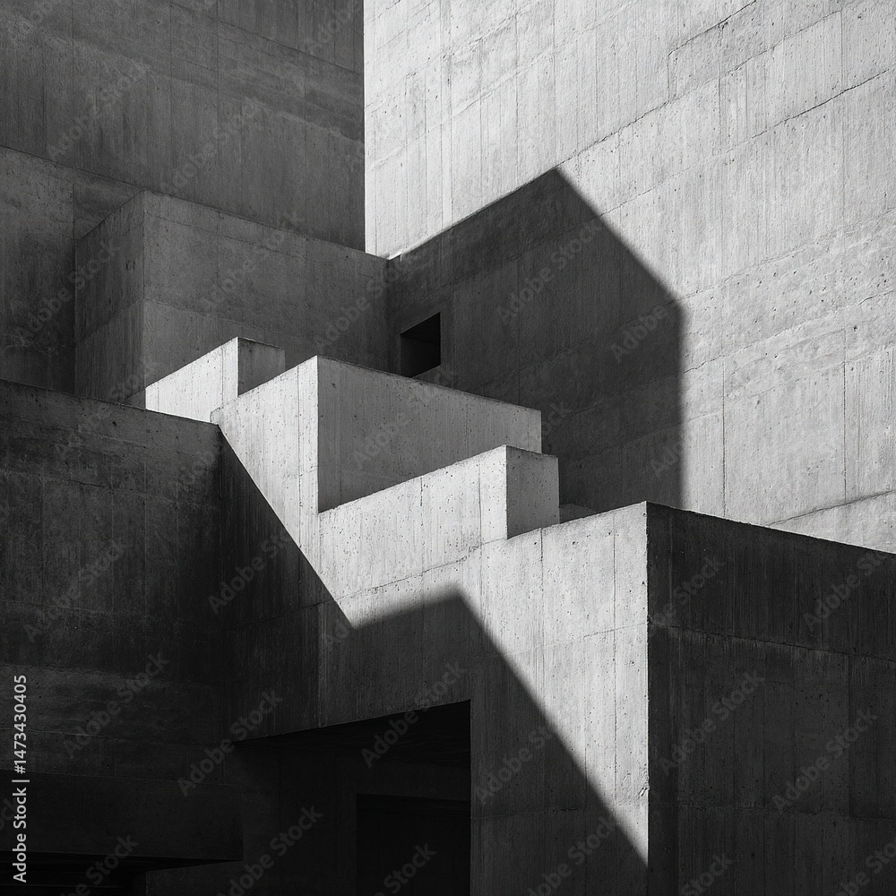 A monochrome Brutalist abstract building with strong geometric shapes and sharp shadows, showcasing avant-garde design and raw concrete textures. A monochrome Brutalist abstract building with strong geometric shapes and sharp shadows, showcasing avant-garde design and raw concrete textures.