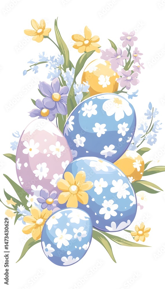 A cluster of decorated Easter eggs surrounded by spring flowers and greenery A cluster of decorated Easter eggs surrounded by spring flowers and greenery