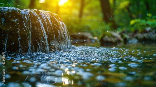 Wallpaper Mural A close-up shot of a small waterfall with sunlight streaming through the green leaves. Torontodigital.ca