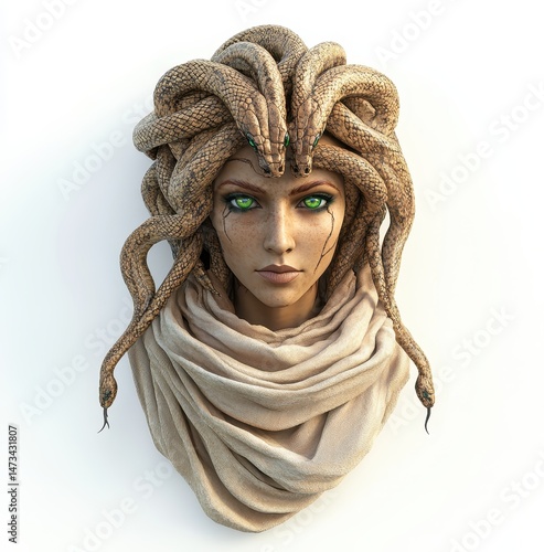 Wallpaper Mural Pixel Art Medusa Bust Beige Scarf, Green Eyes, White Background Torontodigital.ca