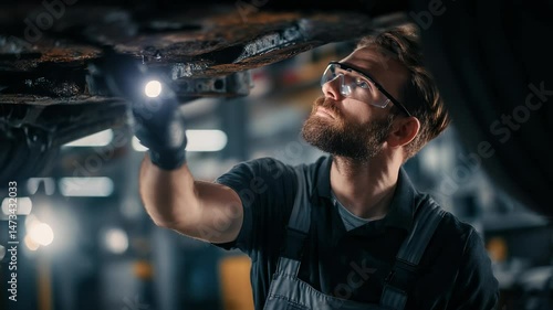 Professional mechanic wearing safety glasses and gloves, illuminating underside of car with flashlight, performing thorough inspection in auto repair shop