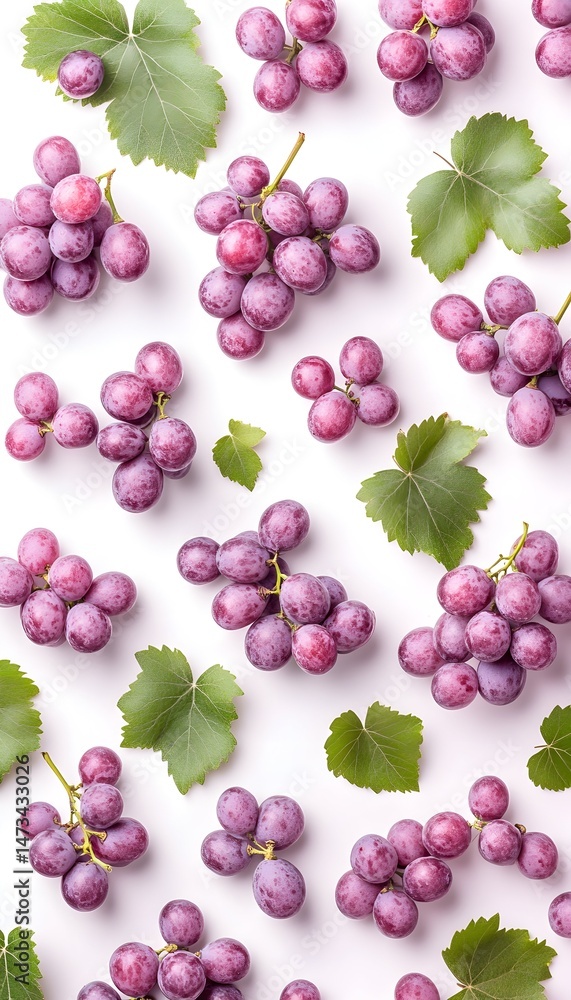 Obraz premium A pattern of red grapes and green leaves on a white background