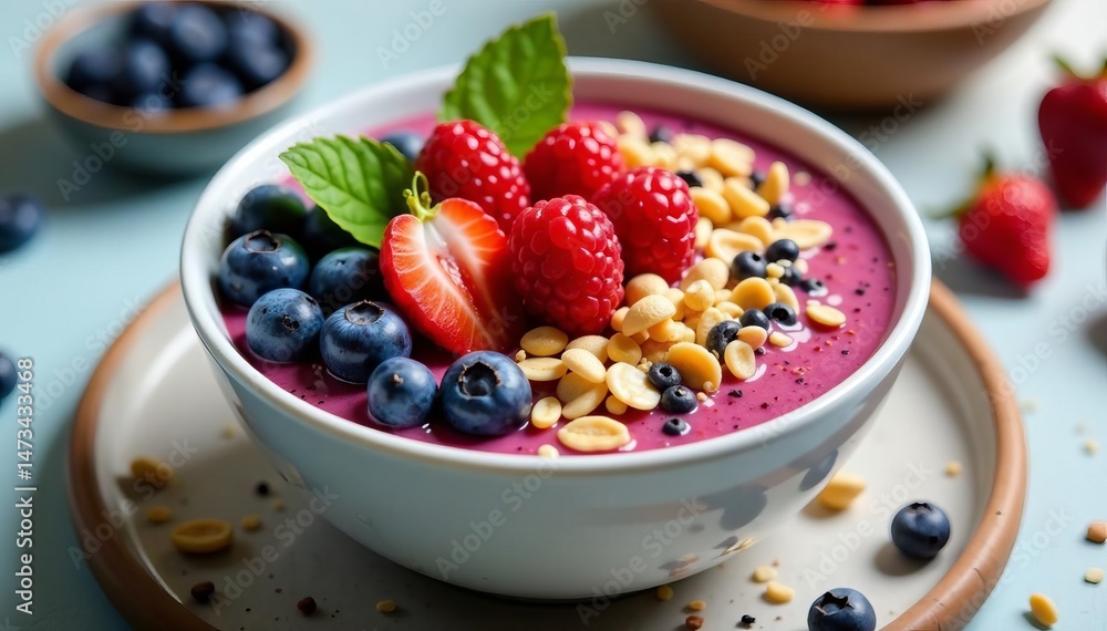 A colorful smoothie bowl topped with berries, nuts, seeds, and granola, bowl, fruit A colorful smoothie bowl topped with berries, nuts, seeds, and granola, bowl, fruit