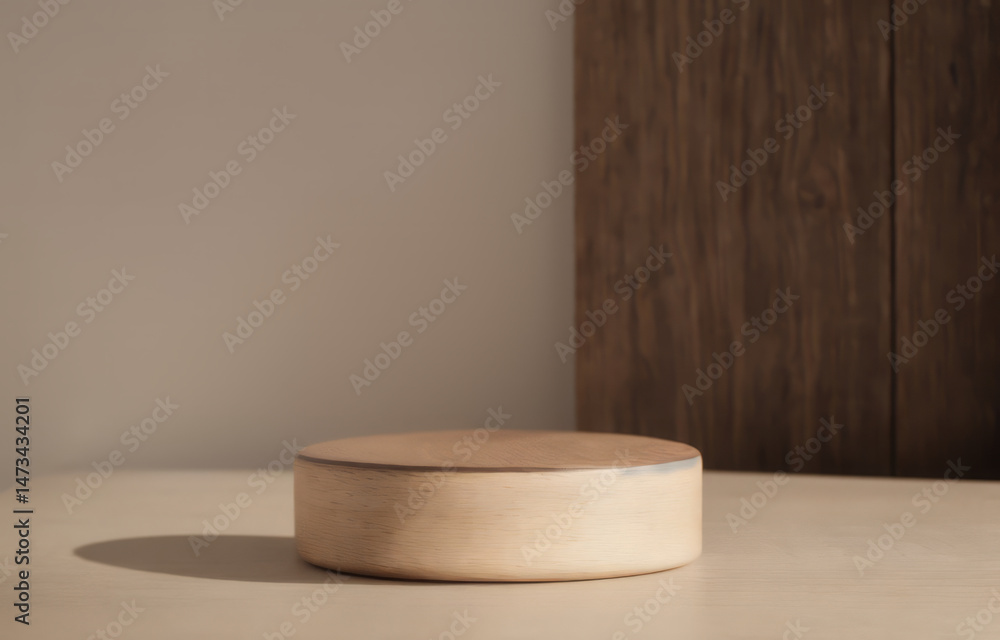 Round beige podium on a beige surface with a brown wood panel background. Round beige podium on a beige surface with a brown wood panel background.