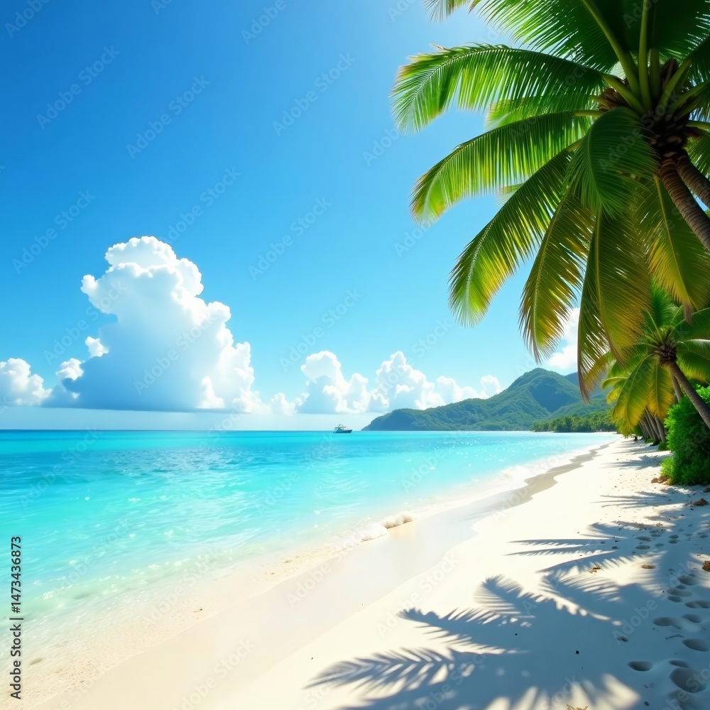 Fototapeta premium A serene tropical beach scene with crystal blue ocean and lush palm trees, tropical, scenery, jpg