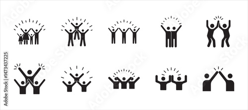 Black icon of happy people. Symbol of expression of joyful feeling, sign of partying friends, happy coworkers, vector illustration