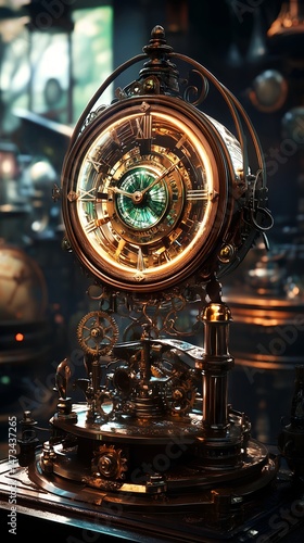 Steampunk Antique Clock: Ornate Vintage Brass Timepiece with Gears and Decorative Green Lighting - Retro Interior Design Collectible for Artistic Display