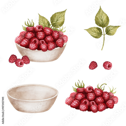 set of bowl filled with ripe raspberries and green leaves. Hand-painted watercolor illustration Ideal for food-related designs, packaging, and kitchen decor.