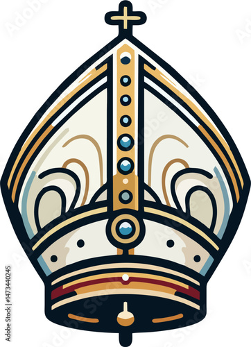 Ornate Bishop Mitre with Cross – Flat Vector Illustration of Religious Catholic Headwear Icon