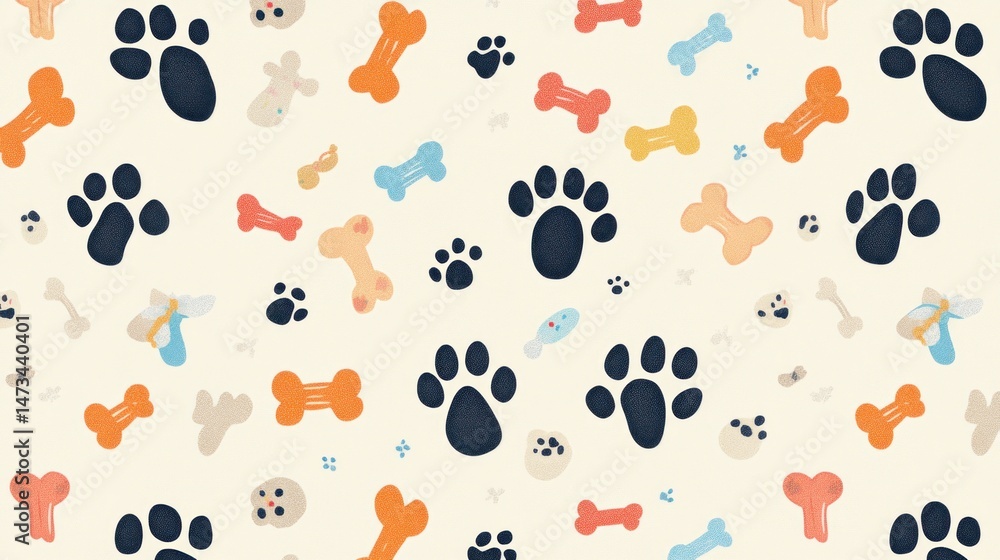 Fototapeta premium Cute pet paw prints and bones pattern