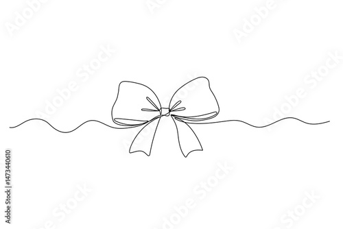 Coquette bow one line vector illustration, black line drawing on white, cute doodle ribbon
