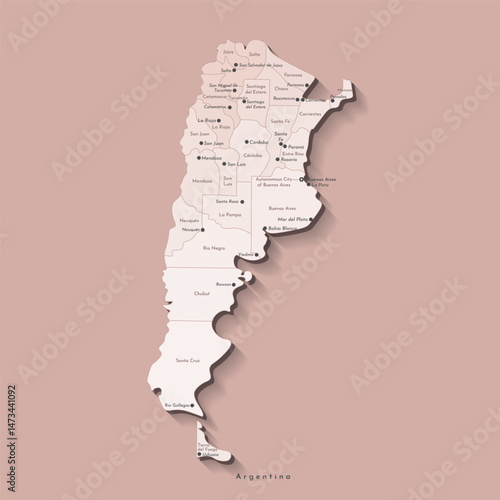 Vector isolated illustration. Simplified administrative map of Argentina. White background and outline. Names of Argentinean cities and provinces