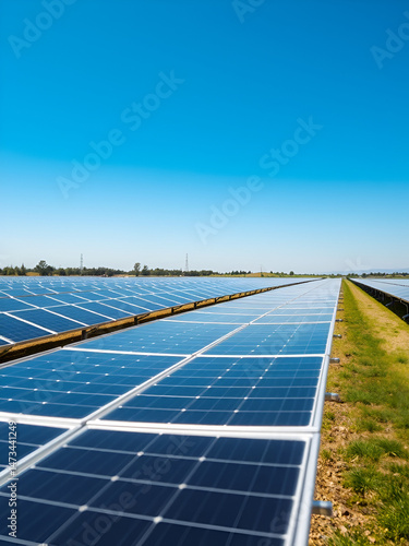 This image features a solar farm with neatly aligned panels under a bright blue sky, epitomizing efficient renewable energy and sustainability.