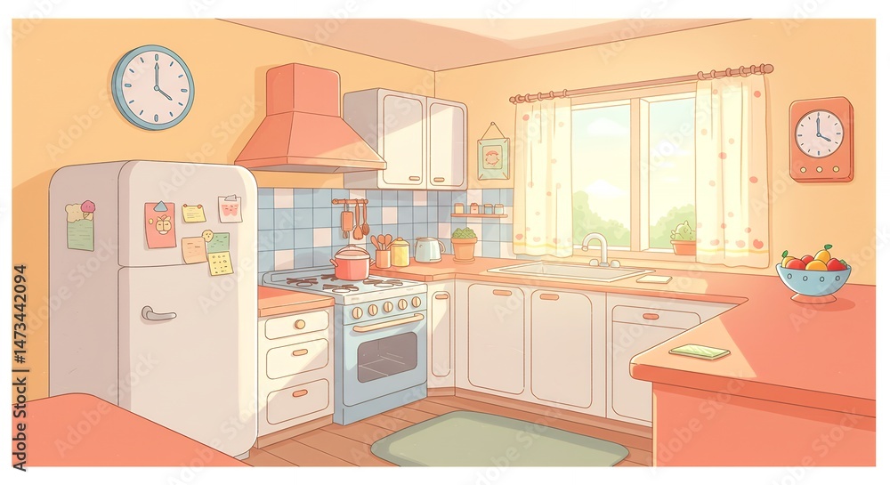 Fototapeta premium Kitchen with clock, fridge, stove and fruits