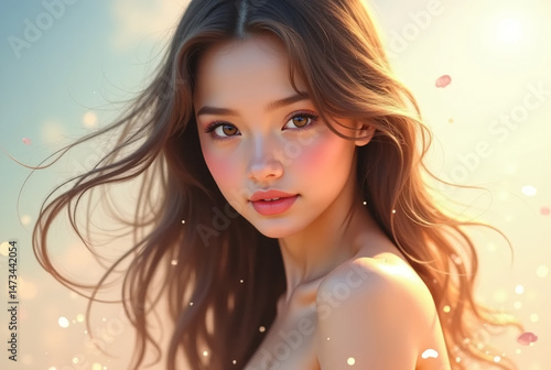 Beautiful young woman with long wavy hair bathed in golden sunlight and gentle bokeh lights