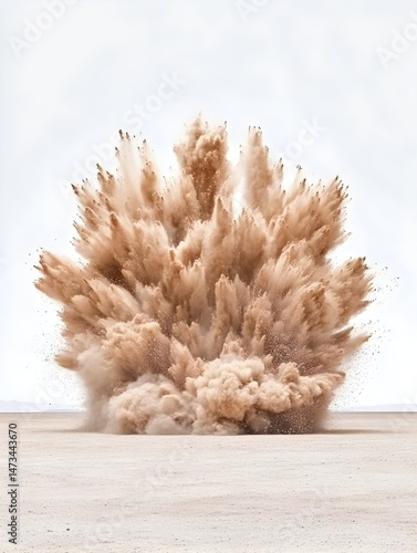 A large, tan dust cloud erupts upwards against a white background