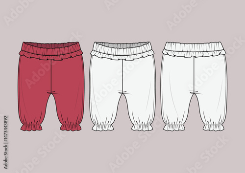 Fashion flat vector illustration of baby girl pants with Ruffle Hem, including waistband, and stitching. Perfect for CAD tech packs and garment mockups.