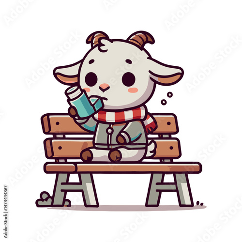Cartoon Goat With Inhaler in White Background