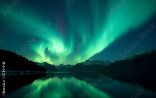 Wallpaper Mural V-Shaped Aurora Borealis over a Calm Mountain Lake at Night. High quality Torontodigital.ca