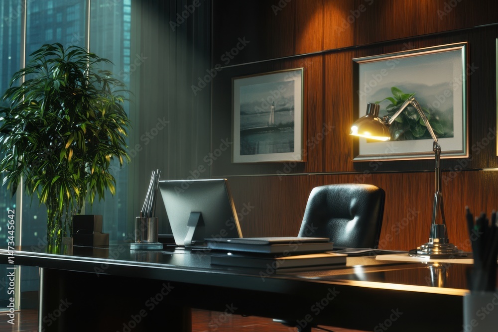 Fototapeta premium A luxurious office space featuring a large desk, plant, computer, and elegant decor elements around