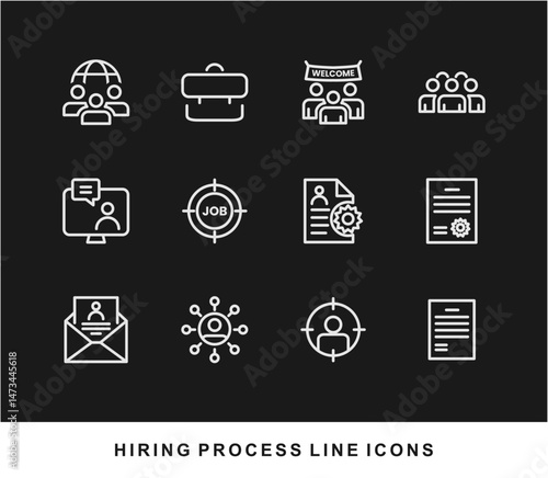 Hiring Process Line Icons. Recruitment, Job Application, Interview, Candidate Selection Vector Set