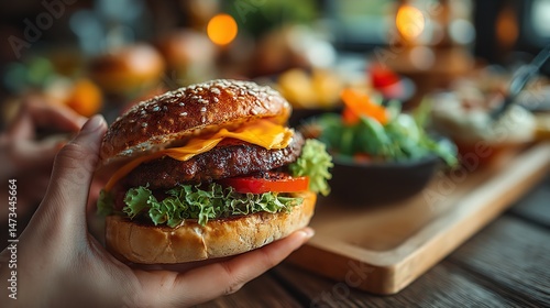 Delicious Cheeseburger on Wooden Tray: Juicy Gourmet Burger with Fresh Ingredients