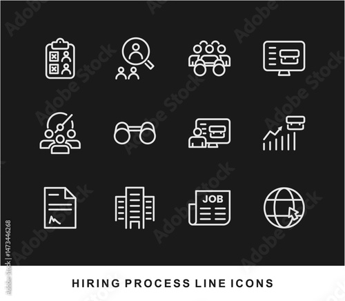 Hiring Process Line Icons. Recruitment, Job Application, Interview, Candidate Selection Vector Set