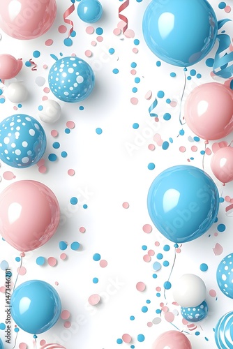 A vertical arrangement of pink and blue balloons, white polka dot balloons, white confetti and pink and blue streamers on a white background
