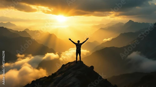 Silhouette of a person reaching arms out on mountain peak at sunrise