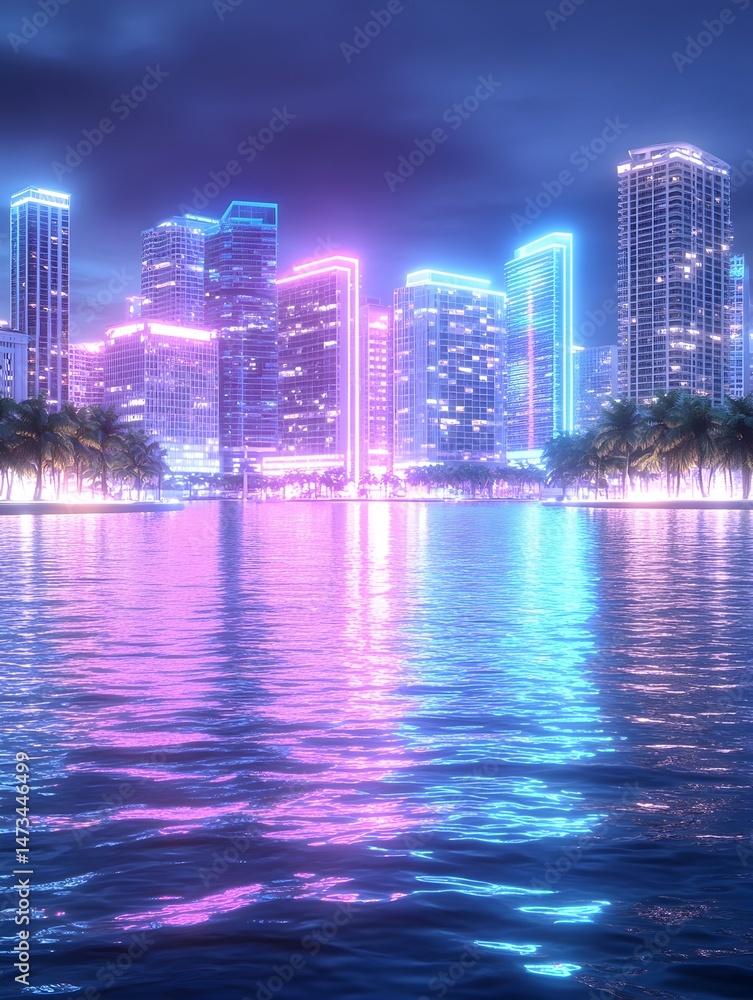 Fototapeta premium A vibrant cityscape at night, with neon lights reflecting on a calm body of water