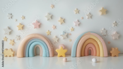 Colorful Pastel Rainbow and Star Toy Arrangement in a Bright and Cheerful Playroom Setting