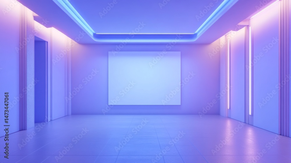 Empty modern interior space bathed in vibrant purple and blue light