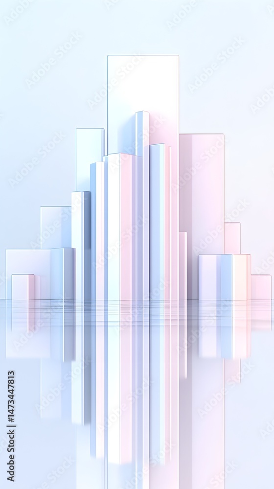 Abstract pastel colored geometric shapes reflected in water, creating a city skyline Abstract pastel colored geometric shapes reflected in water, creating a city skyline