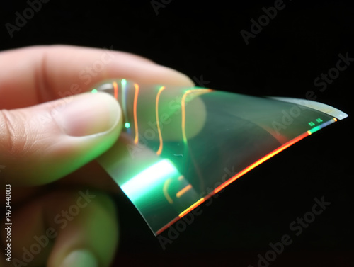 Flexible, iridescent film with embedded circuitry, held between fingers against a black background