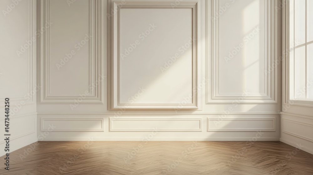 Fototapeta premium Empty, sunlit room with ornate trim and hardwood floors