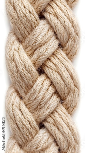 Close-up of a thick, braided rope, showcasing its intricate woven pattern and natural fiber texture