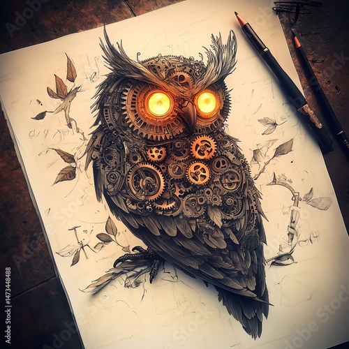 Whimsical Steampunk Owl Illustration: Artistic Mechanical Gears and Nature-Inspired Decorative Craftsmanship Sketch