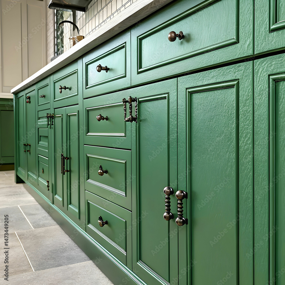 Fototapeta premium large green kitchen cabinet with many handles close