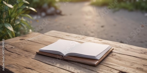 Wooden table, blank booklet mockup, soft-focus outdoor scene, winter, design