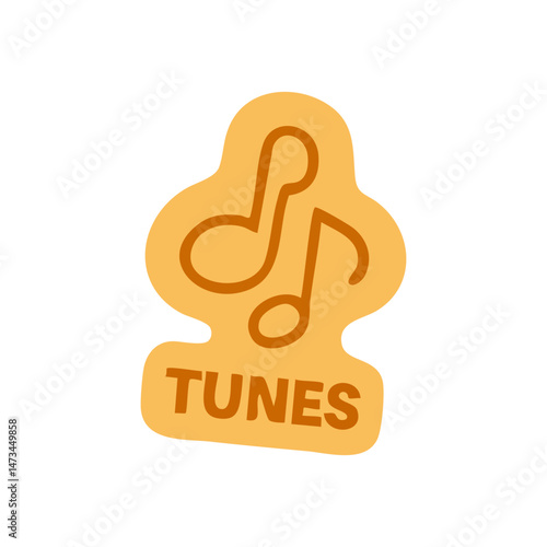 A muted, light orange sticker with two musical notes, outlined in a muted, darker orange.  The word TUNES is boldly displayed in the same muted, darker orange