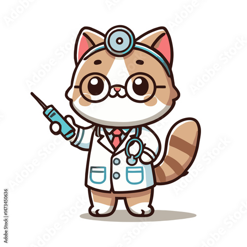 Adorable Cartoon Cat Doctor Holding Syringe Wearing Stethoscope And Medical Coat