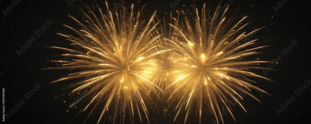 Naklejka premium Radiant yellow fireworks burst against black background, fire, night