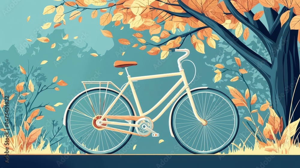 Fototapeta premium A stylish bicycle in a tranquil autumn setting with colorful foliage.