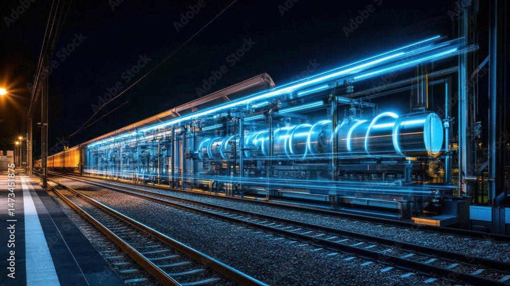 Fototapeta premium Futuristic train carrying large pipes at night