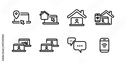 Remote Work Line Icons . Freelancer Work from Home, Video Call, Online Meeting, Teleconference Vector Set