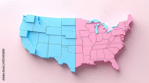 3D pastel map of USA divided into two color sections