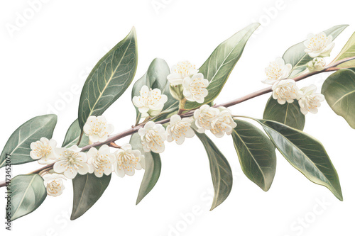 Branch with white blossoms and green leaves on a light filled background on transparent background png