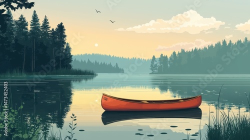 Tranquil sunset over a serene lake with a red canoe and lush greenery.